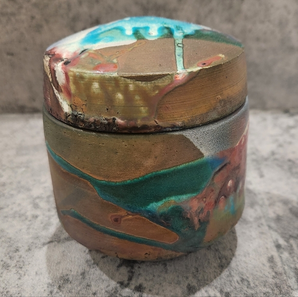 Vtg Handmade Ceramic Pottery Canister With Lid Abstract Art Splatter Decor OOAK - Picture 4 of 8